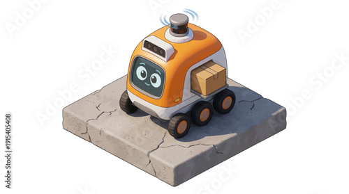 Isometric autonomous delivery robot carrying cardboard box, futuristic self-driving courier vehicle concept