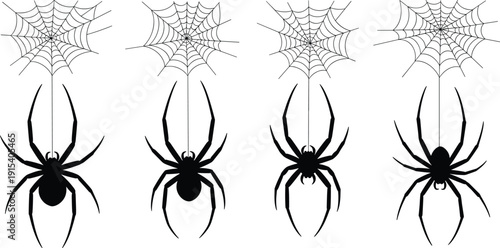 Spider and web silhouette set, hanging black arachnid collection for Halloween decoration, creepy insect vector illustration isolated