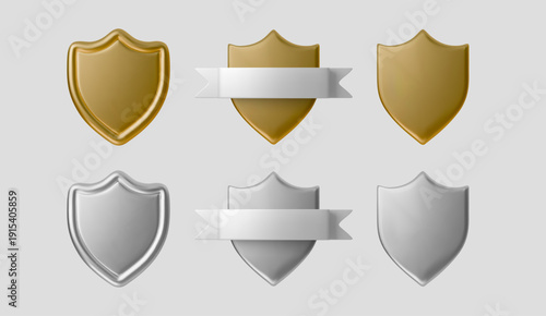  3D gold and silver shield emblems with verification marks. Realistic metallic protection icons for secure systems, warranty badges, and digital safety symbols on white background.