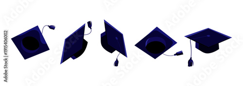 Graduation cap mortarboard set in different angles isolated on white background,for education design, graduation announcements, school posters, web banners, social media graphics, invitations. Vector