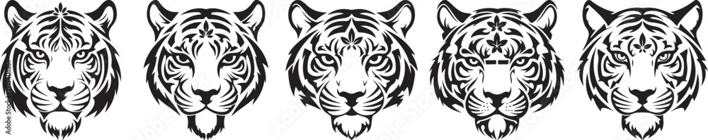 Obraz premium Five tiger heads in a row, vector illustration of feline faces with detailed stripes, isolated on transparent background