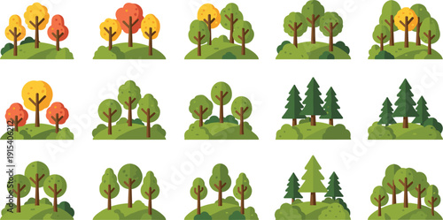 Comprehensive collection of stylized tree groups and woodland clusters for sustainable environmental designs and natural landscape flat vector illustrations.