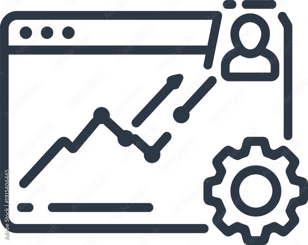 Obraz premium Vector icon of a browser window with a line graph, user profile and gear symbol, representing data analysis and settings isolated on White Background