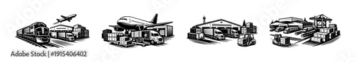 Transportation and logistics flat vector icons set: shipping, cargo, freight emblems collection