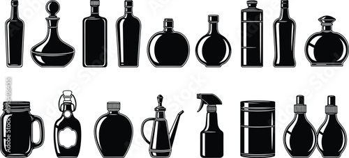 Vintage bottle and jar silhouette collection, glass containers packaging set for oil, perfume, beverage and cosmetic vector illustration