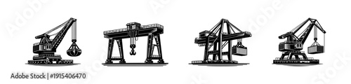 Construction machinery flat vector icons set: cranes, hoists, industrial equipment graphics