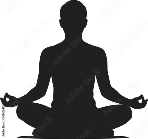 Meditation man silhouette illustration, yoga lotus pose human figure isolated, mindfulness relaxation shadow vector icon for wellness lifestyle design concept