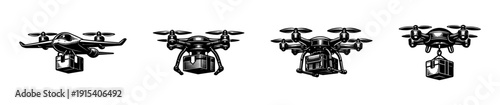 Drone delivery icons set. flat vector design of quadcopters and uavs. logistic symbols collection