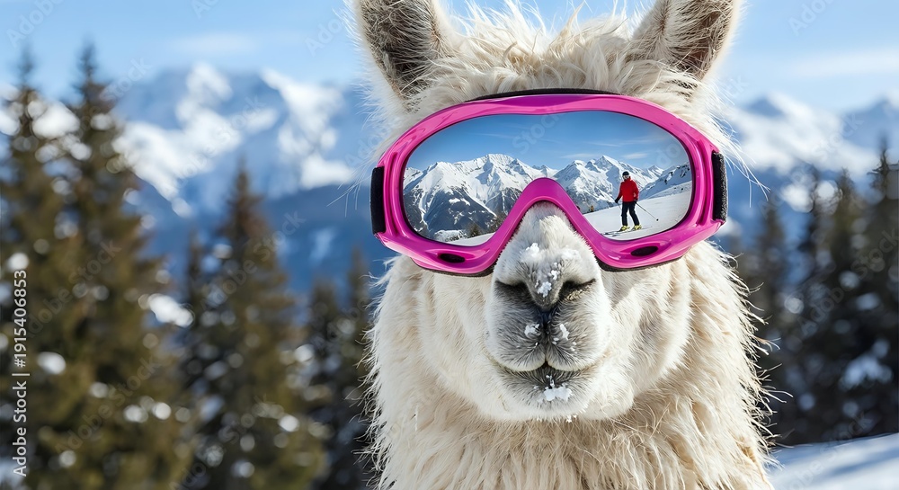 Fototapeta premium Funny llama wearing pink ski goggles in snowy mountain landscape with alpine trees and peaks in background for winter sports humor concept.