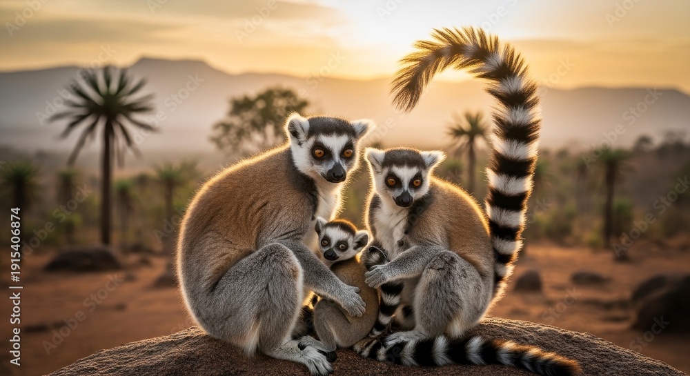 Obraz premium Ring-tailed lemurs family at sunset in Madagascar.