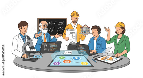 Diverse team collaborating on innovative project with laptops and blueprints