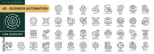 A collection of Business Automation icons set with editable stroke, including Zbusiness model, optimization, process, optimization, robotic integration, robotic integration. Thin linear vector illustr