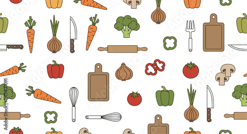 Seamless pattern vector illustration with kitchen tools cutting boards knives and fresh vegetables for cooking and culinary backgrounds.