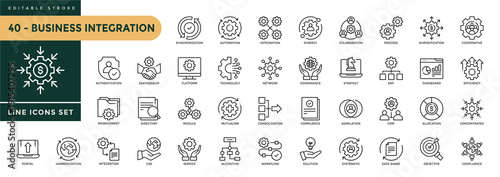 A collection of Business integration icons set with editable stroke, including Business, network, synergy, alliance, workflow, Integration, partnership, etc. Thin linear vector illustration.