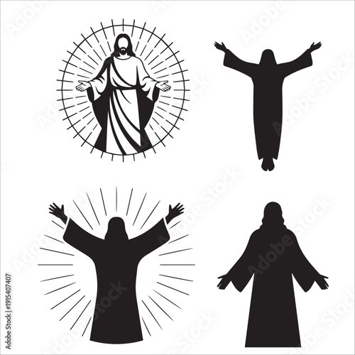 Wallpaper Mural Jesus Christ Ascension and Resurrection Silhouette Set: A collection of four minimalist vector illustrations showing Jesus in divine and welcoming poses. Torontodigital.ca