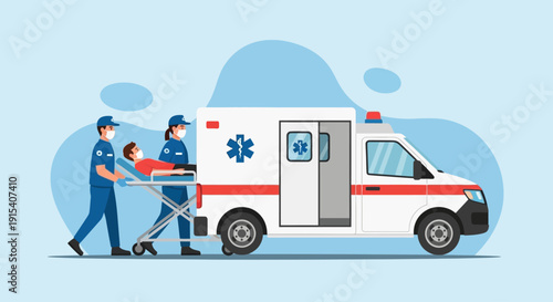 Emergency Medical Team Transporting Patient to Ambulance Flat Vector Illustration