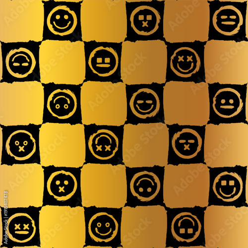 Gold seamless grunge pattern featuring abstract shapes, doodles, scribbles, geometric elements, waves, grids, lines, smiles