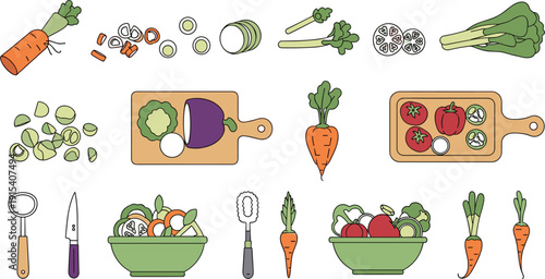 Comprehensive culinary vector set featuring sliced organic vegetables with wooden cutting boards and kitchen utensils for healthy meal prep.