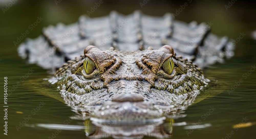 Obraz premium Close up of a crocodiles eyes and snout emerging from murky water.