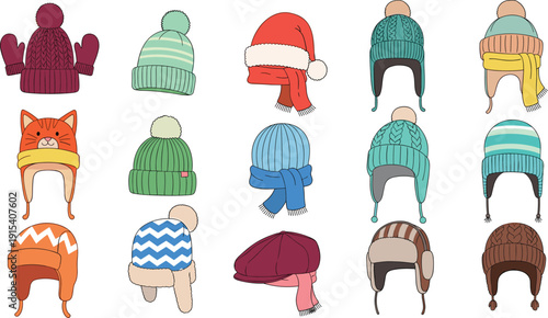 Winter hat and scarf vector set featuring colorful knit beanies pompom hats earflap caps and mittens in cozy seasonal style for cold weather designs