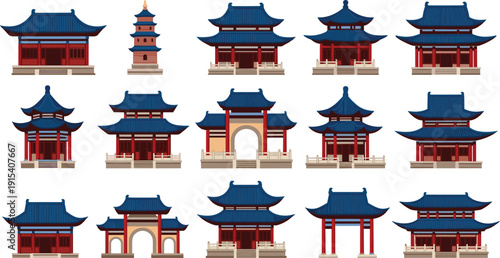 Traditional Japanese and Chinese architecture vector set featuring ancient temple pagoda gate and shrine buildings with blue roofs for travel and cultural design