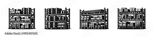 Warehouse storage flat vector icons set: shelving units, supplies, goods, industrial objects