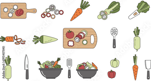 Flat vector illustration set of kitchen tools cutting boards and sliced fresh vegetables for healthy cooking and food preparation.