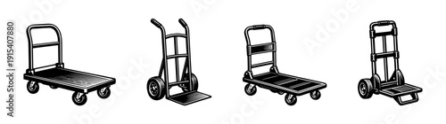 Flat vector icons set of hand trucks and dollies. cart and trolley equipment collection