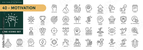 A collection of Motivation icons set with editable stroke, including achievement, personal growth, setting, uccess, development, success mindset, vision, perseverance. Thin linear vector illustration.