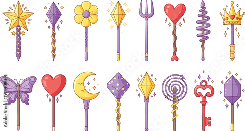 Collection of magical wands and fantasy scepters with crystals hearts and stars icons isolated on white for game design and fairy tales.