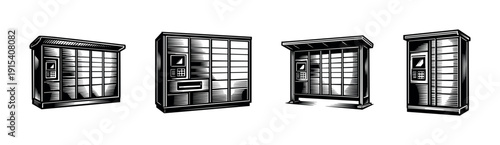 Parcel locker flat vector icons set: modern storage solutions and delivery box designs