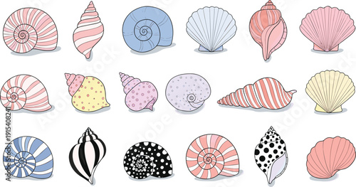 Collection of stylized pastel seashells and tropical marine conchs with various patterns isolated on white background for summer beach and nautical design.