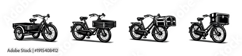 Cargo bikes flat vector icons set. bicycle delivery and transport symbols illustration