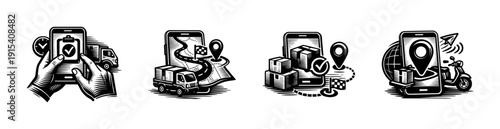 Delivery service flat vector icons set. logistics and shipping symbols. location and cargo illustrations