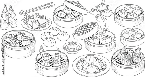 Dim sum vector set with dumplings gyoza buns and bamboo steamer baskets in hand drawn line art style for chinese food menu coloring book design.