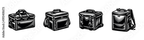 Cooler bag collection: flat vector icons set of picnic and thermal containers