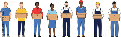 Diverse group of delivery workers and couriers in uniform carrying cardboard boxes isolated on white background for logistics moving service and e-commerce shipping concepts.