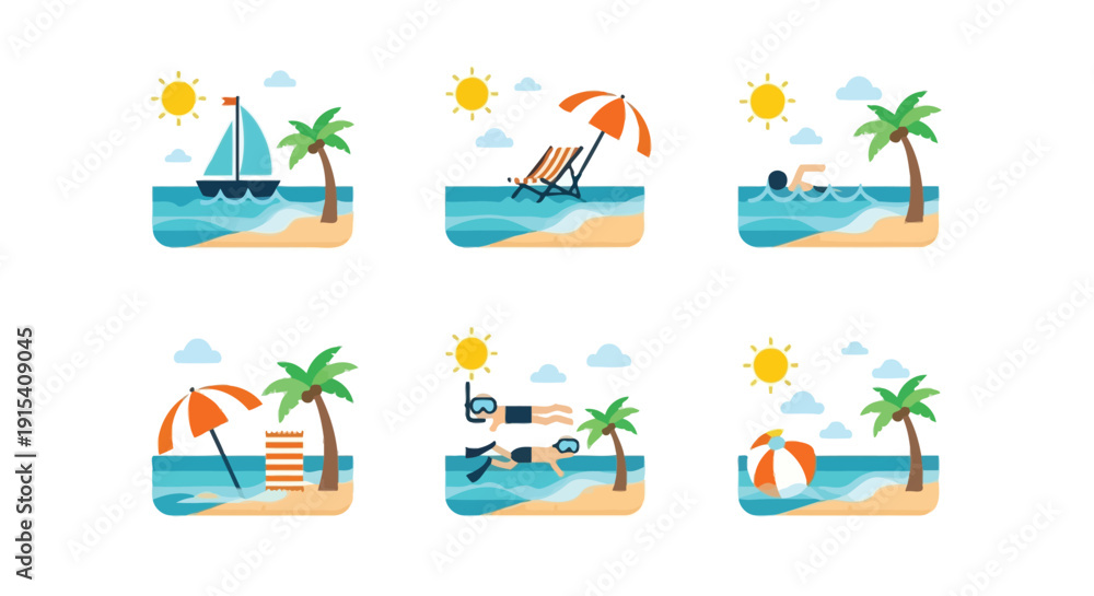 Naklejka premium Vector set of six beach icons with palm trees, sailboat, sun, and beach activities isolated on transparent background