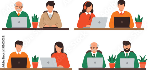 Diverse business people working on laptops in office set with men women and senior employees sitting at desks with plants flat vector illustration.