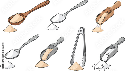 Kitchen measuring tools set with wooden and metal spoons scoops and tongs with piles of powder flour sugar or protein supplement vector illustration isolated on white.