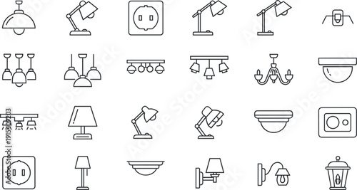 Large collection of interior lighting line icons including desk lamps chandeliers wall sconces ceiling lights and electrical power outlets isolated on white background for architectural design.