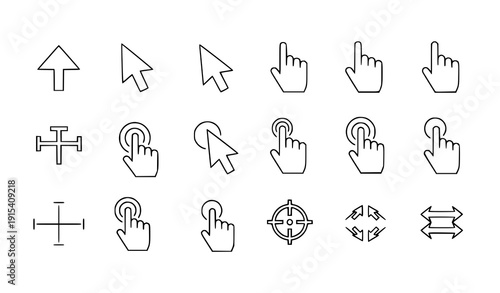 Pointer and click interaction outline icons editable stroke vector set
