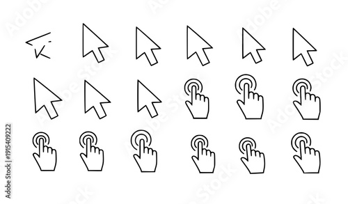 Mouse click cursor set arrow hand pointer line icons vector