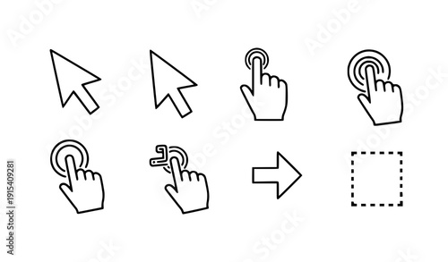 Interactive mouse cursor icons arrow hand click line vector illustration