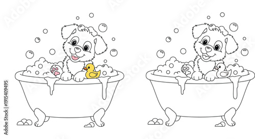 Cute cartoon puppy dog taking a bath in a tub with rubber duck and bubbles, black and white outline vector illustration for kids coloring book page, funny pet character sketch.