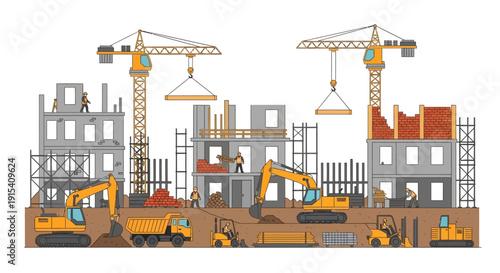 Construction Site with Cranes and Machinery.