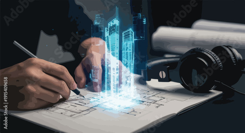 Architectural design concept with holographic building projection and blueprints, symbolizing innovation and future city planning.