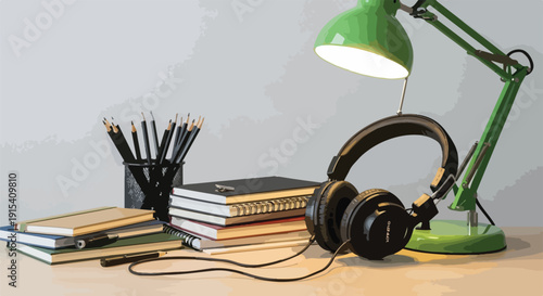 Desk with books, headphones, pencils, and a green desk lamp illuminated, creating a study or work ambiance.