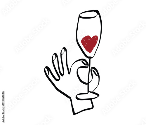 Hand drawn wine glass sketch with flowing grape vines and vintage doodle elements, perfect for restaurant menus, bar posters, or elegant celebration invitations and cards. Vector illustration.