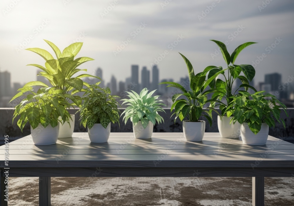 Fototapeta premium Several potted plants on a table outdoors in the city